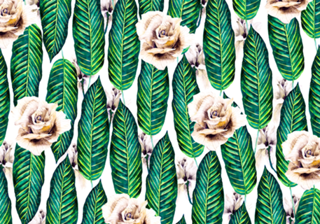 Tropical leaves and white roses