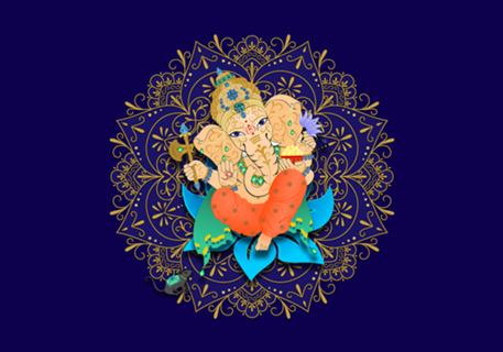 Ganesha com Mandala Azul e Dourada