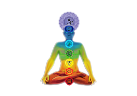 O homem iluminado com chakras em posição de lotus