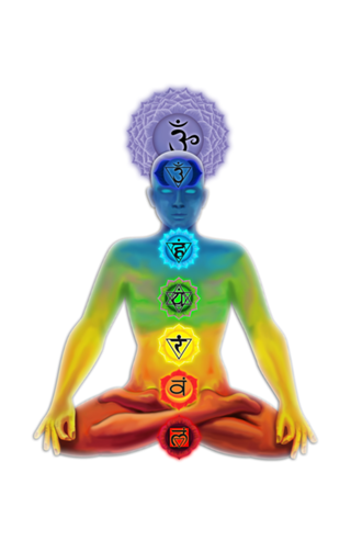 O homem iluminado com chakras em posição de lotus