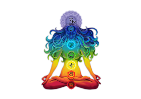 A mulher iluminada com chakras em posição de lotus