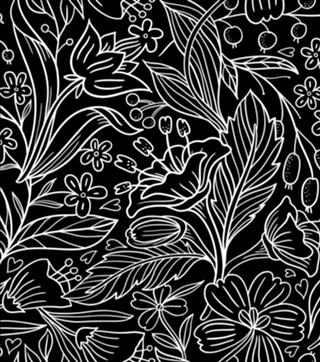 Flores e Folhas Branco com Fundo Preto