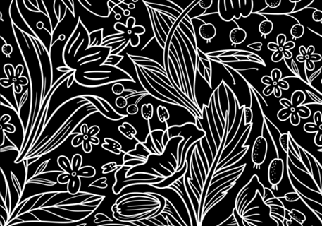 Flores e Folhas Branco com Fundo Preto