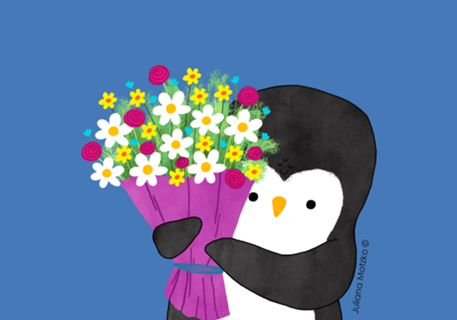 Pinguim com buquê de Flores
