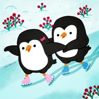 Casal de pinguins patinando juntinhos