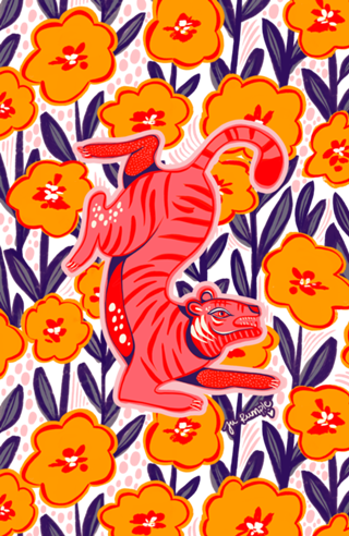Tigre Rosa e papoulas