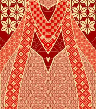 Estampa Kimono Laços Dourado e Vermelho