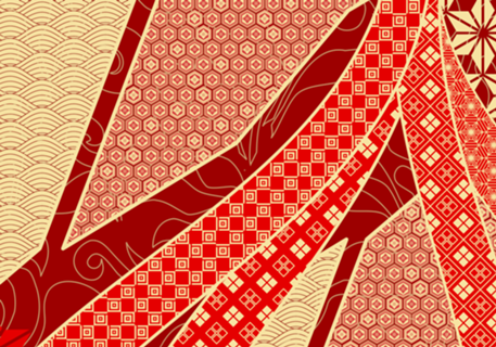 Estampa Kimono Laços Dourado e Vermelho