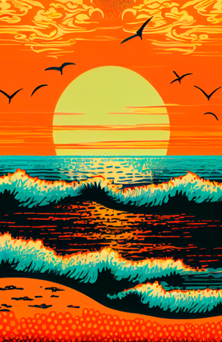 Pôr do Sol Neon na Praia - Estilo Pop Art Rio