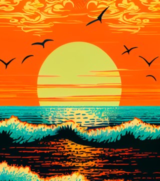 Pôr do Sol Neon na Praia - Estilo Pop Art Rio