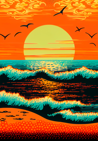 Pôr do Sol Neon na Praia - Estilo Pop Art Rio