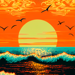 Pôr do Sol Neon na Praia - Estilo Pop Art Rio