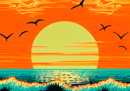 Pôr do Sol Neon na Praia - Estilo Pop Art Rio