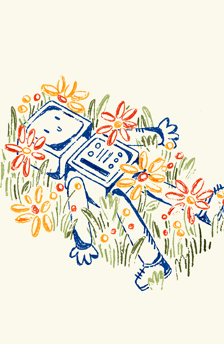 Robozinho deitado em um campo de flores