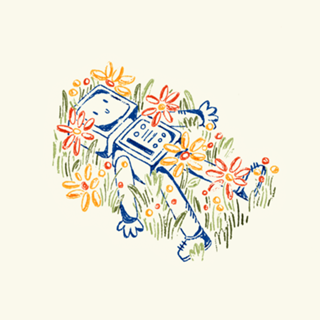 Robozinho deitado em um campo de flores