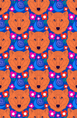 Estampa de Lobo com Flores e Lua Fundo Azul