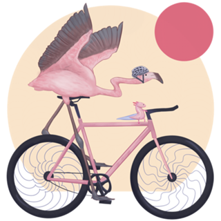 Flamingo e Axolote andando de bicicleta