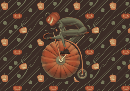 Cabeça de Abóbora pedalando Bicicleta de Abóbora