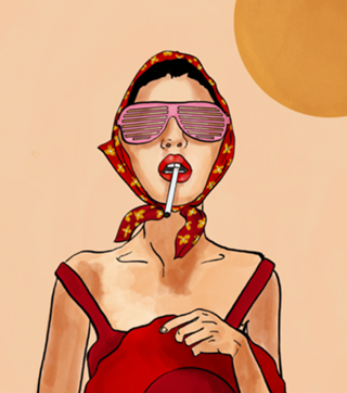 Menina retrô de verão em vermelho