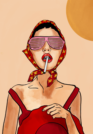 Menina retrô de verão em vermelho