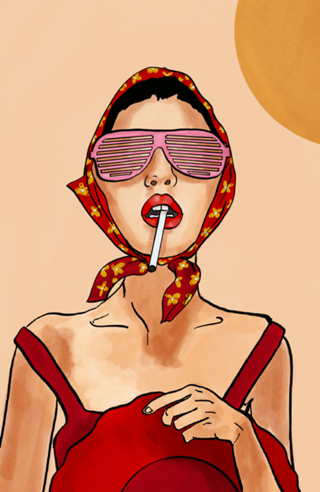 Menina retrô de verão em vermelho