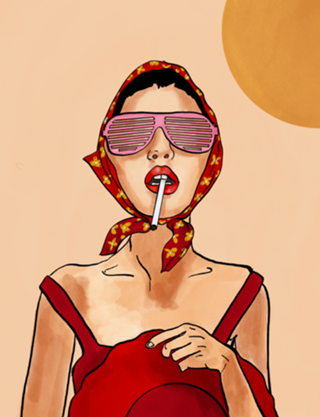 Menina retrô de verão em vermelho