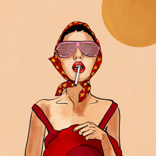 Menina retrô de verão em vermelho