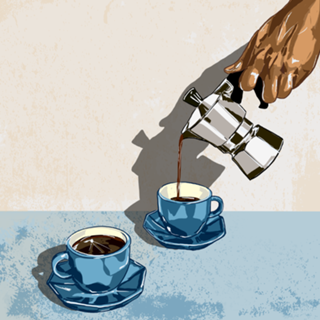 Morning Brew Xícaras Azuis e Moka Pot