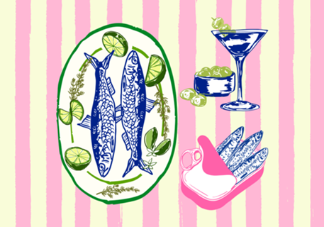 Sardinhas Martini Listras Rosa Retro Costeiro Arte