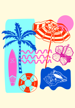 Ilustração Vibrante de Praia de Verão em Patchwork