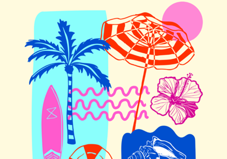 Ilustração Vibrante de Praia de Verão em Patchwork