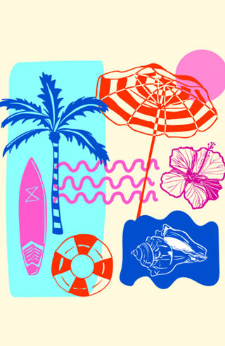 Ilustração Vibrante de Praia de Verão em Patchwork