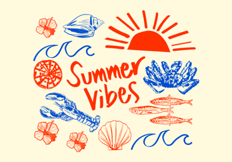 Verão Coastal Doodle Mariscos e Pôr do Sol