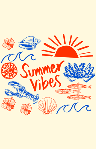 Verão Coastal Doodle Mariscos e Pôr do Sol