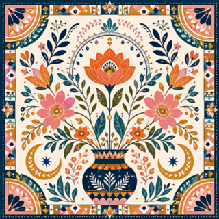 Estampa Floral Folk Boho com Vaso Decorativo