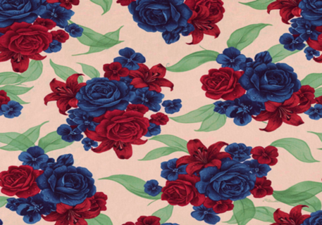 Estampa Floral com Rosas Azuis e Vermelhas
