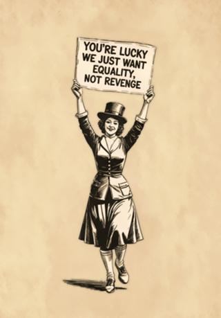 Cartaz feminista vintage com sufragistas em marcha