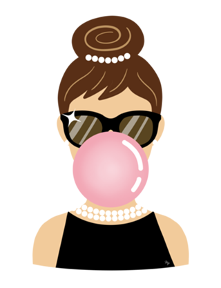 Retrato de Audrey Hepburn com chiclete rosa grande