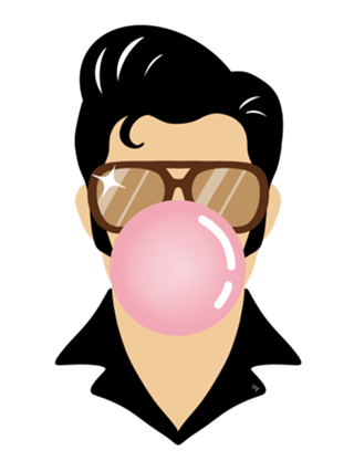 Retrato de Elvis Presley com chiclete rosa grande