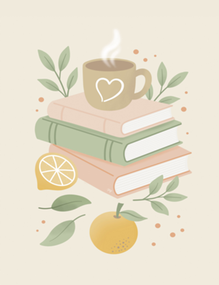 Uma pilha aconchegante de livros com café