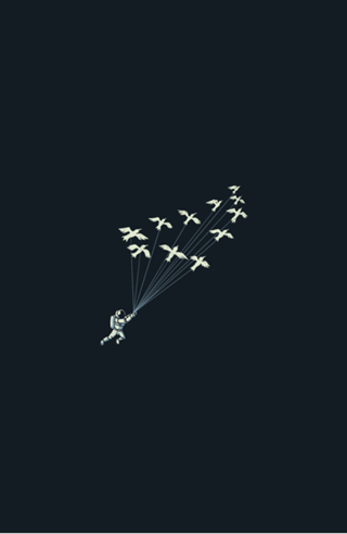 Astronaut Prince Flying With Birds Black and White