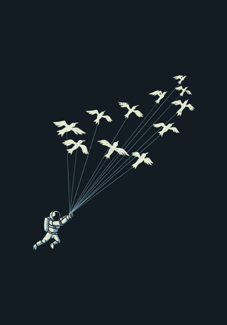 Astronaut Prince Flying With Birds Black and White