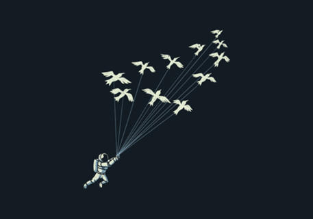 Astronaut Prince Flying With Birds Black and White