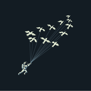 Astronaut Prince Flying With Birds Black and White