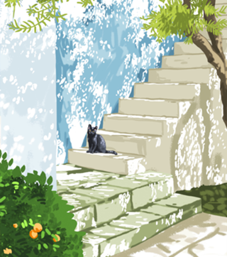 Black cat on the steps Poster, Greece Santorini