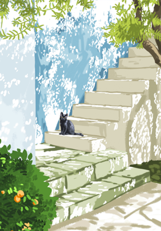 Black cat on the steps Poster, Greece Santorini