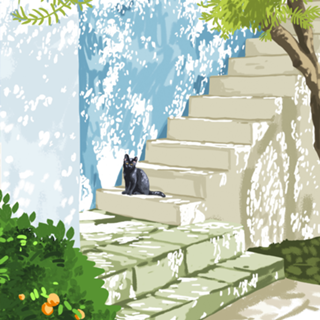 Black cat on the steps Poster, Greece Santorini