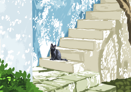 Black cat on the steps Poster, Greece Santorini
