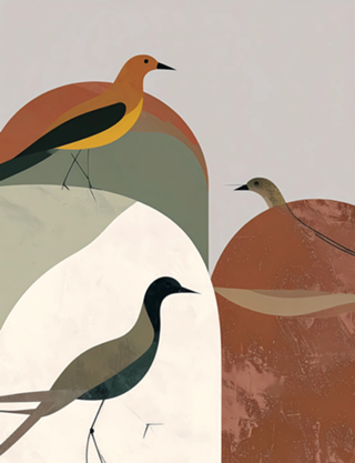 Trio de Pássaros Paisagem Orgânica Tons Terrosos