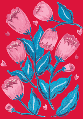 Flores Rosa e Folhas Azuis